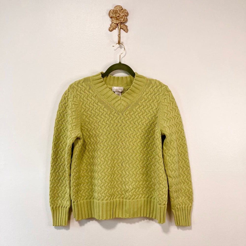 VTG Y2K Green Cable Knit V-Neck Sweater Studio Works XL Cottagecore Preppy Fall